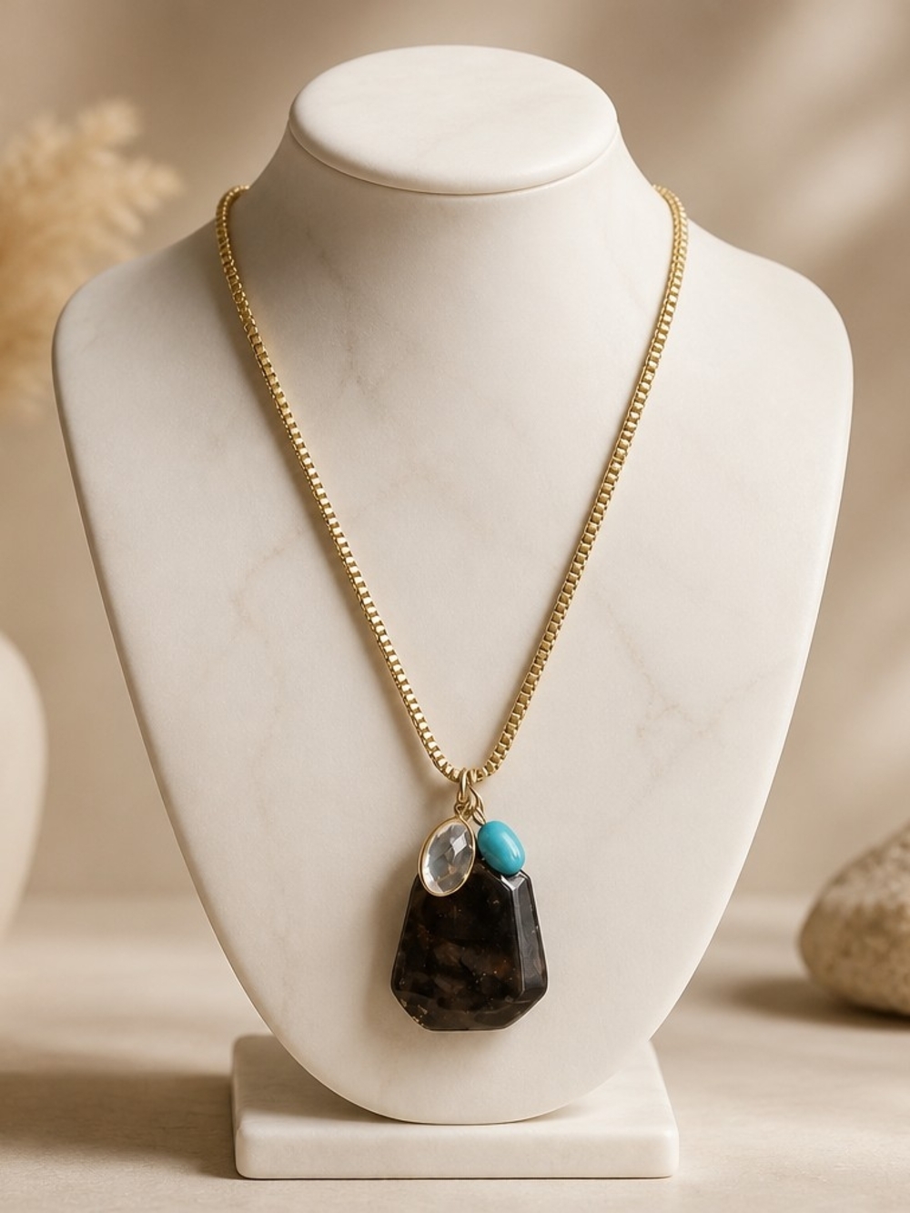 Gold Chain Necklace with Smoky Pendant and Turquoise Accent